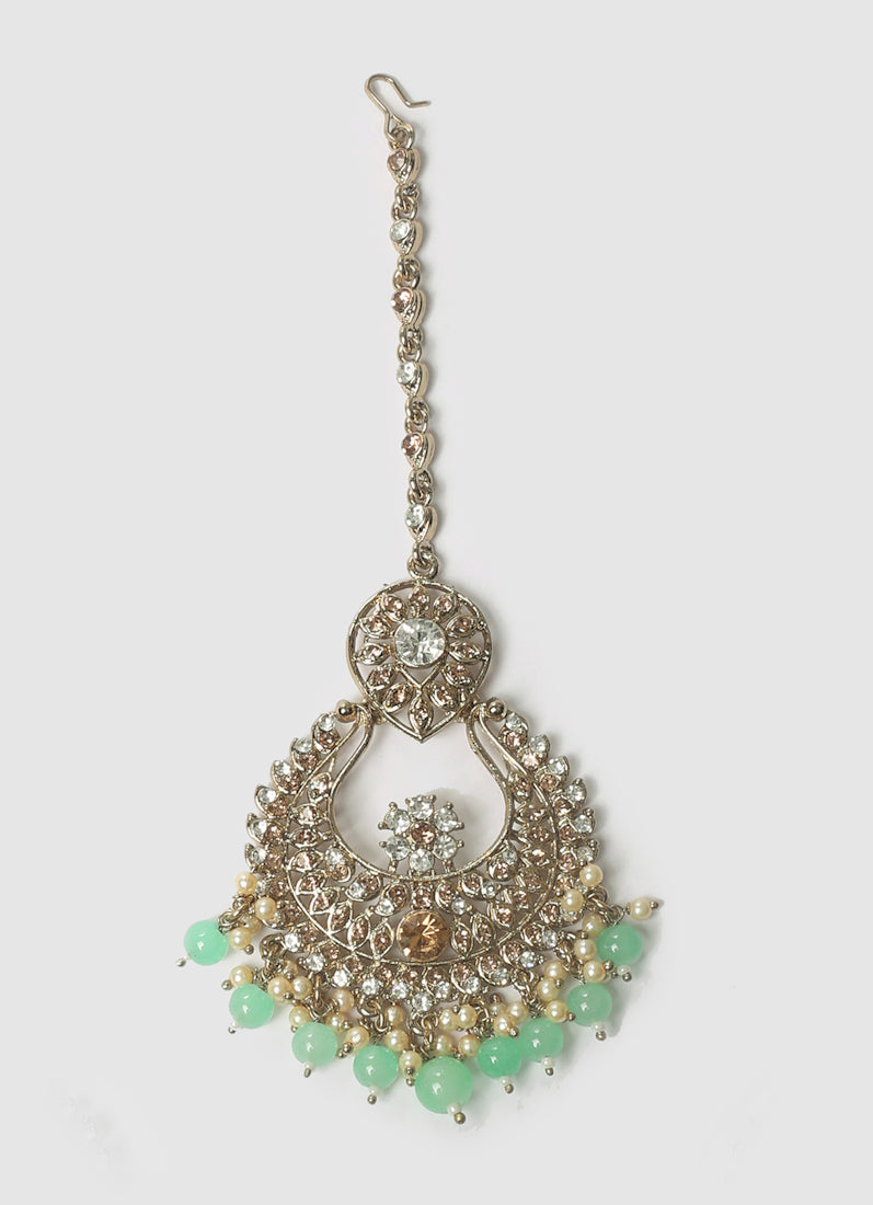 Womens Mint Green Chandbali Style Earrings & Tikka Set