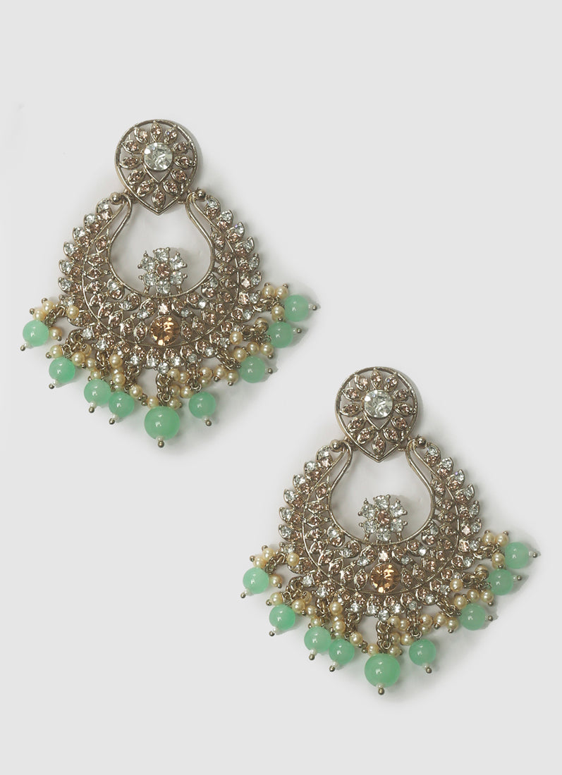 Womens Mint Green Chandbali Style Earrings & Tikka Set