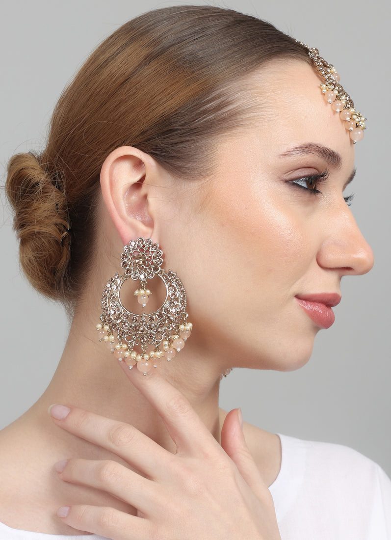 Womens Peach Drops Chandbali Style Earrings & Tikka Set