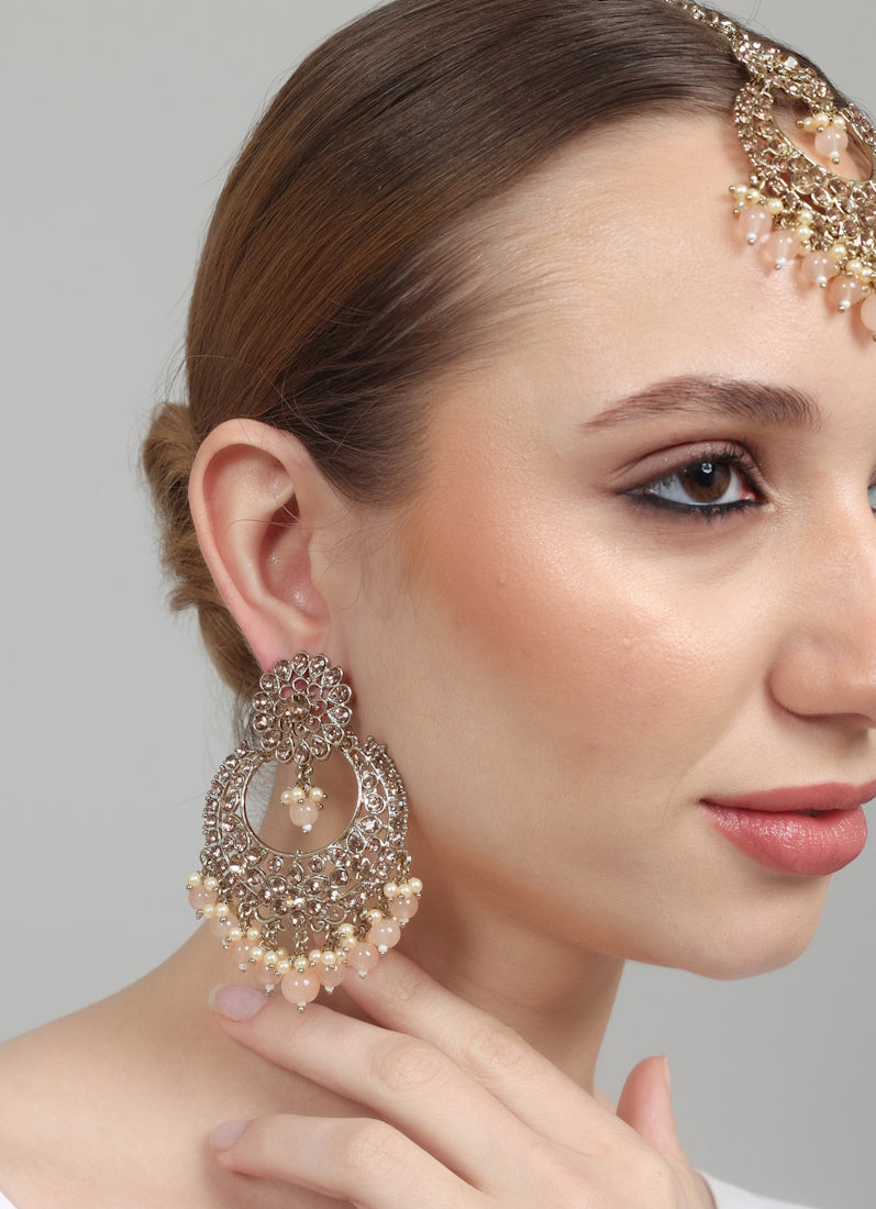 Womens Peach Drops Chandbali Style Earrings & Tikka Set