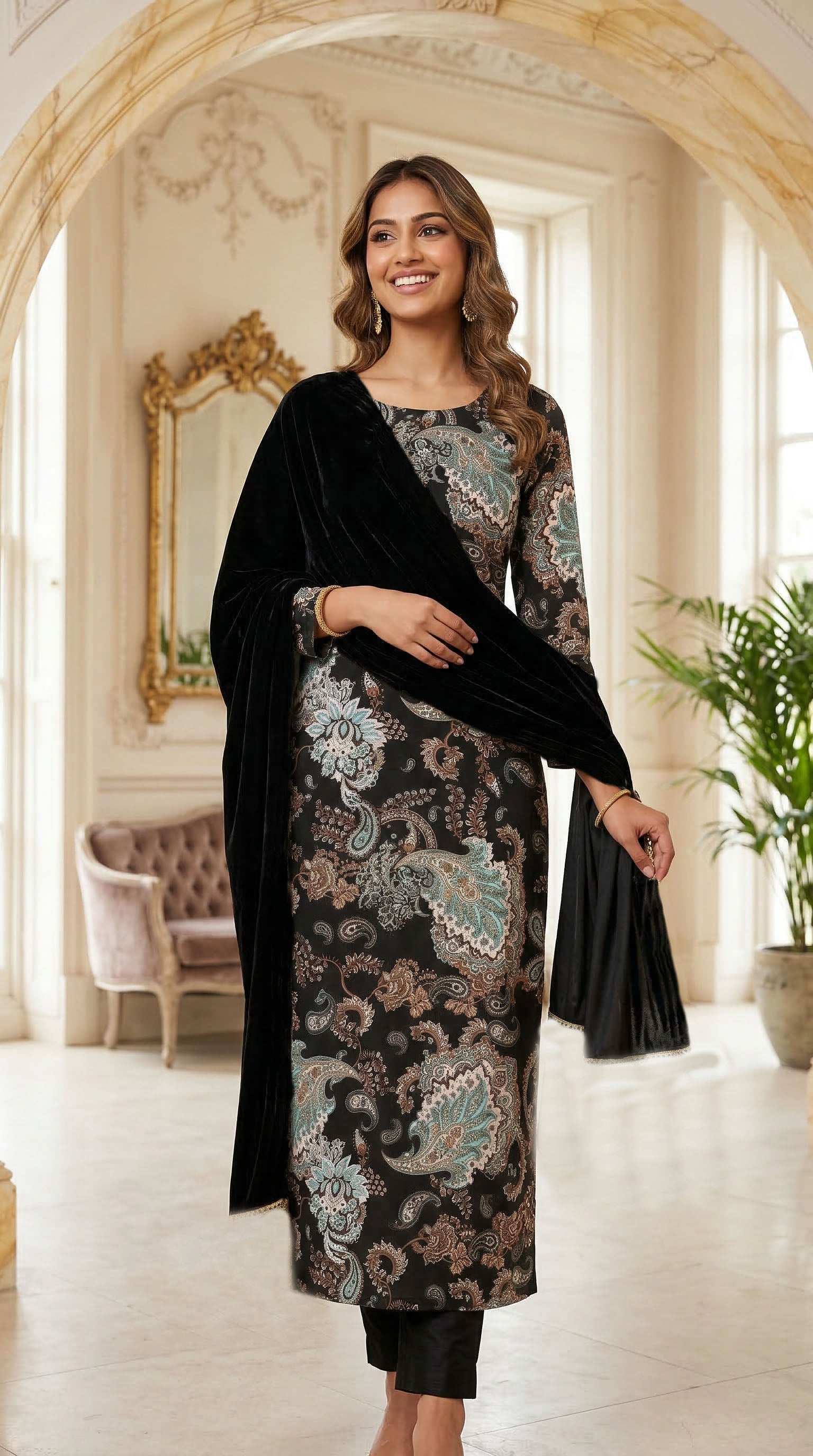 Paisley Printed Top with Trousers and Velvet Dupatta