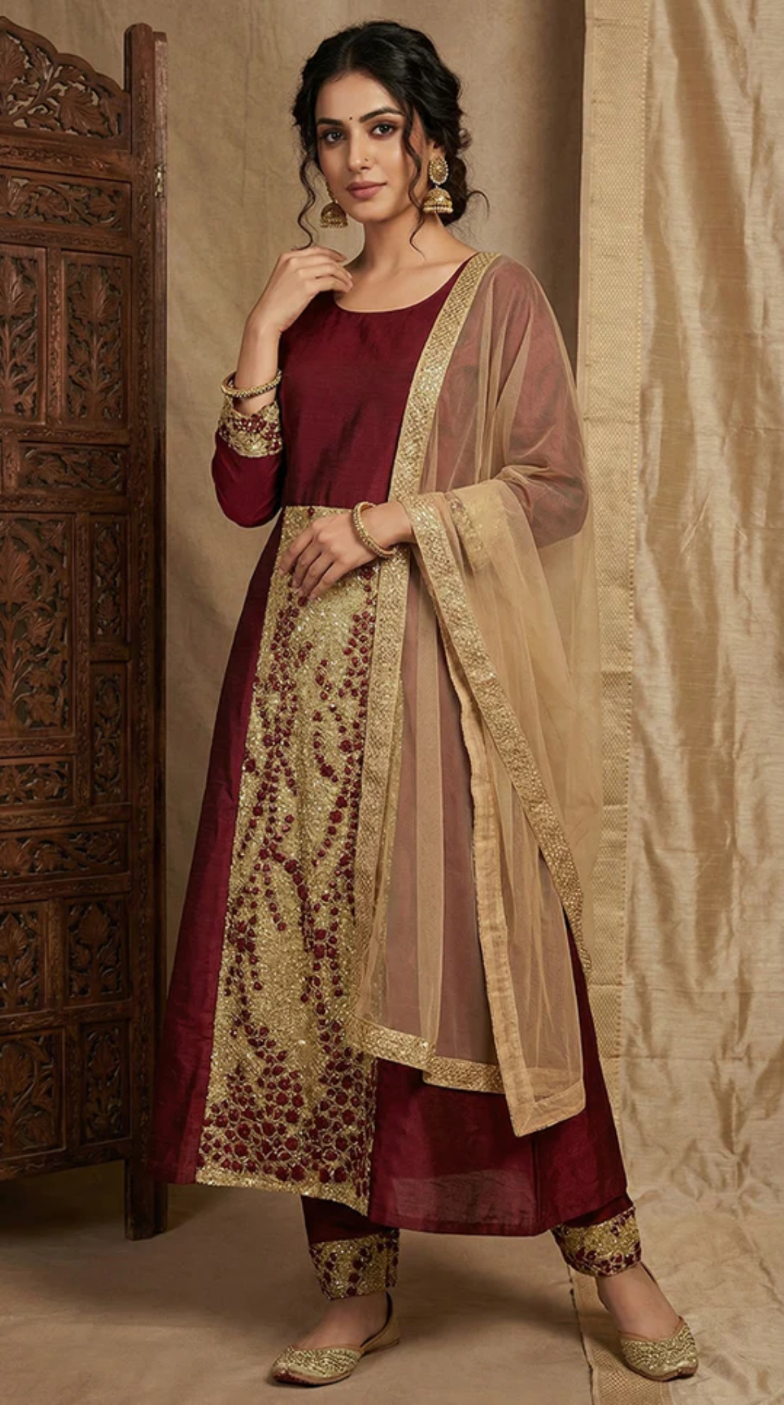 Wine Zari Embroidered Dress