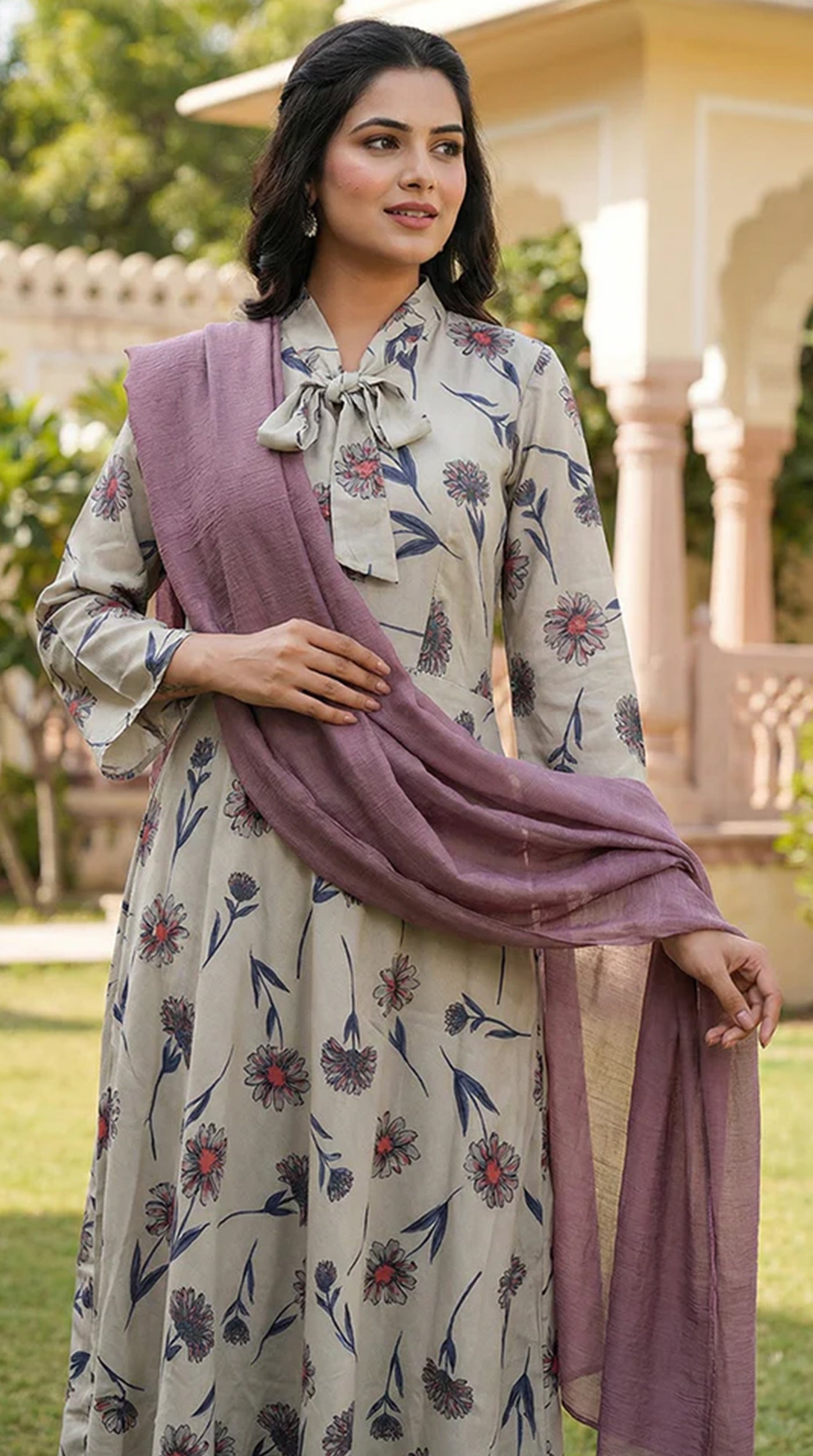 Floral Necktie Collar Dress