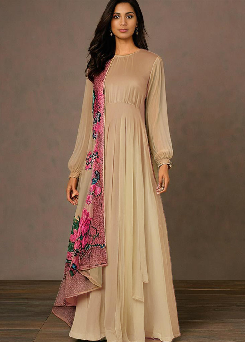 Cream Bias Cut Dress With Printed Dupatta