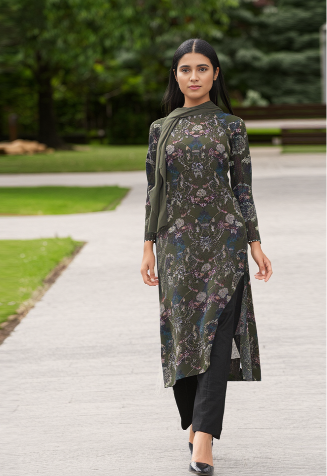 Olive Green Printed Crepe Suit