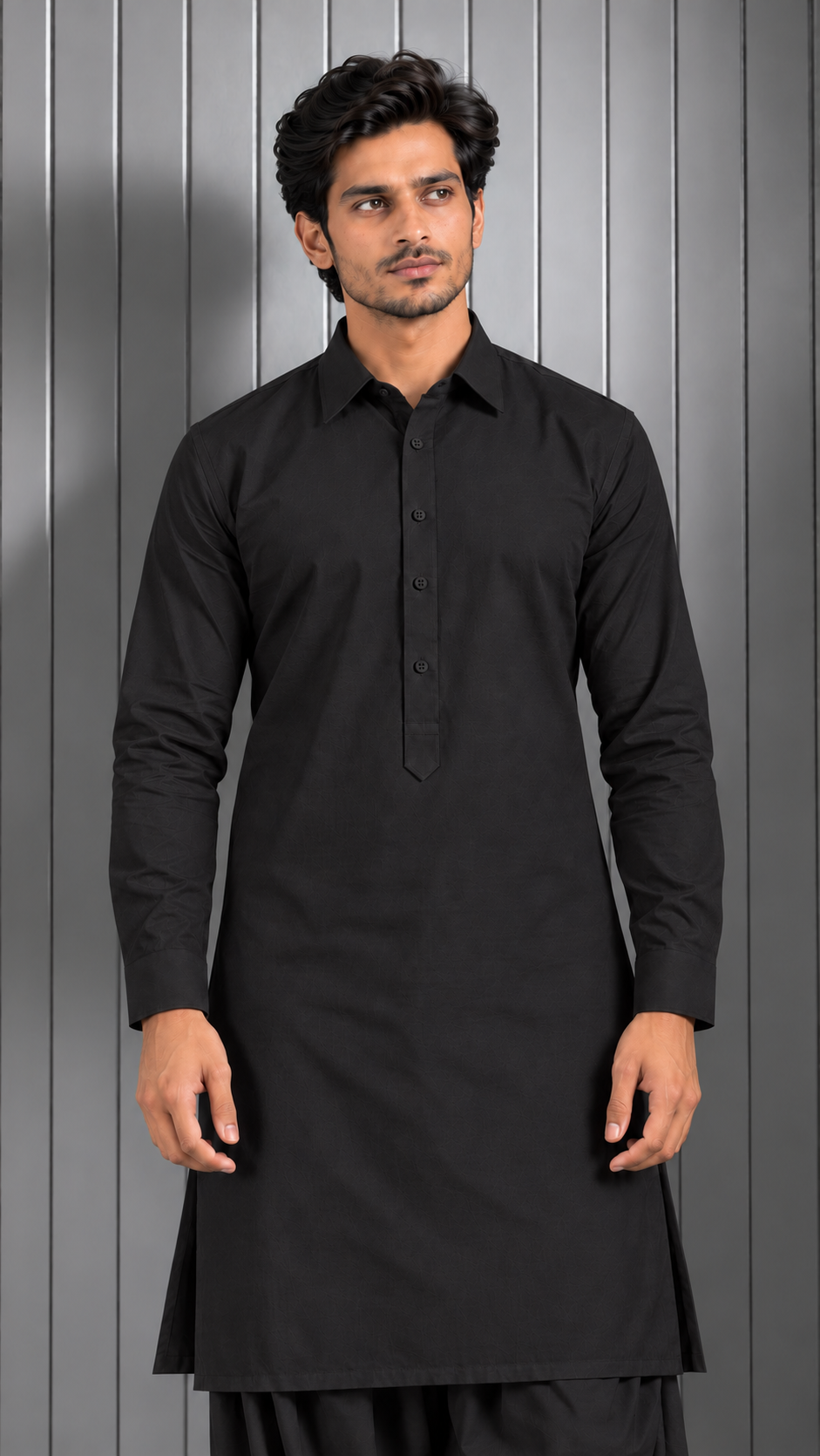 Men's Black collar and cuff kurta with shalwar