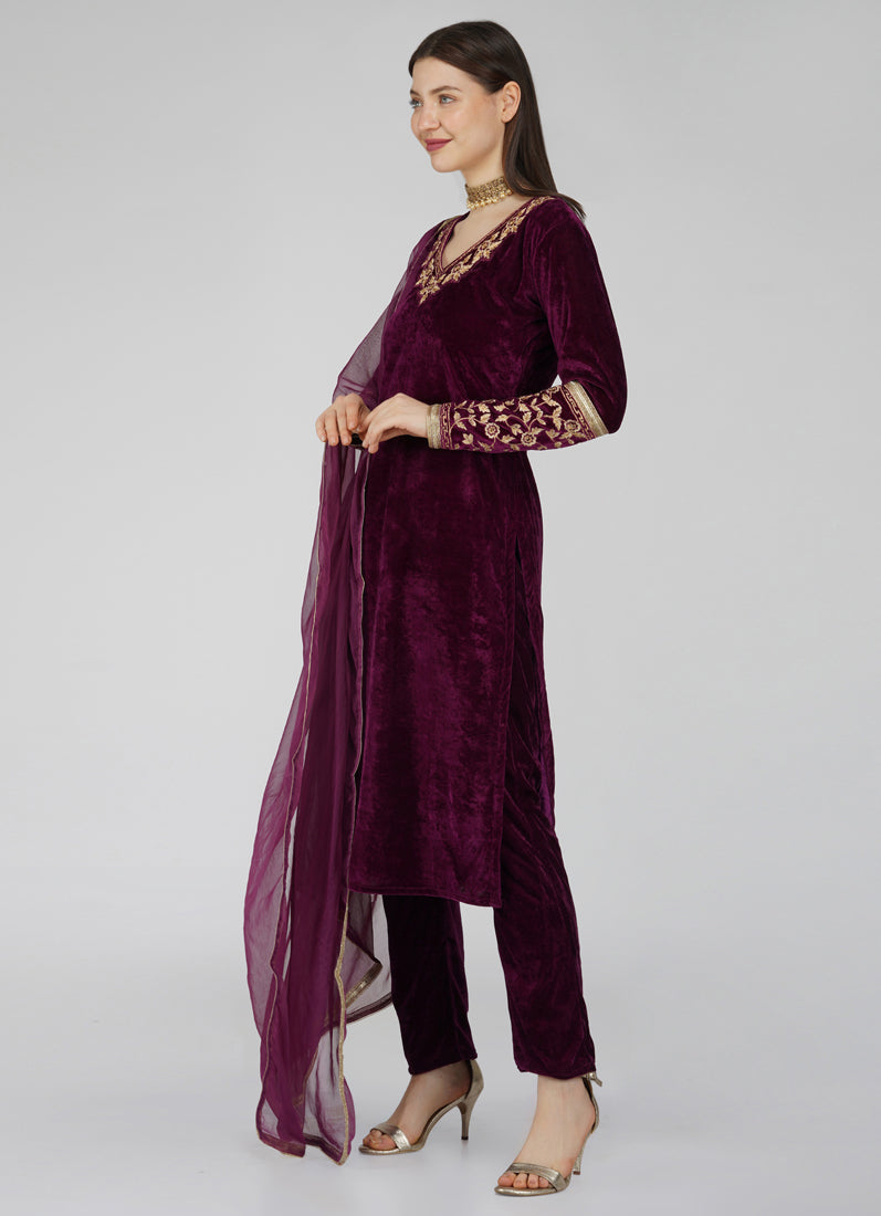 Wine Velvet Straight Cut Trouser Suit Set