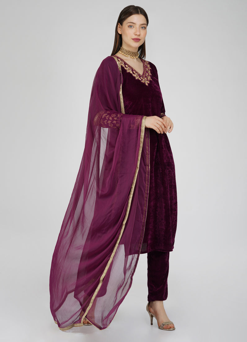 Wine Velvet Straight Cut Trouser Suit Set