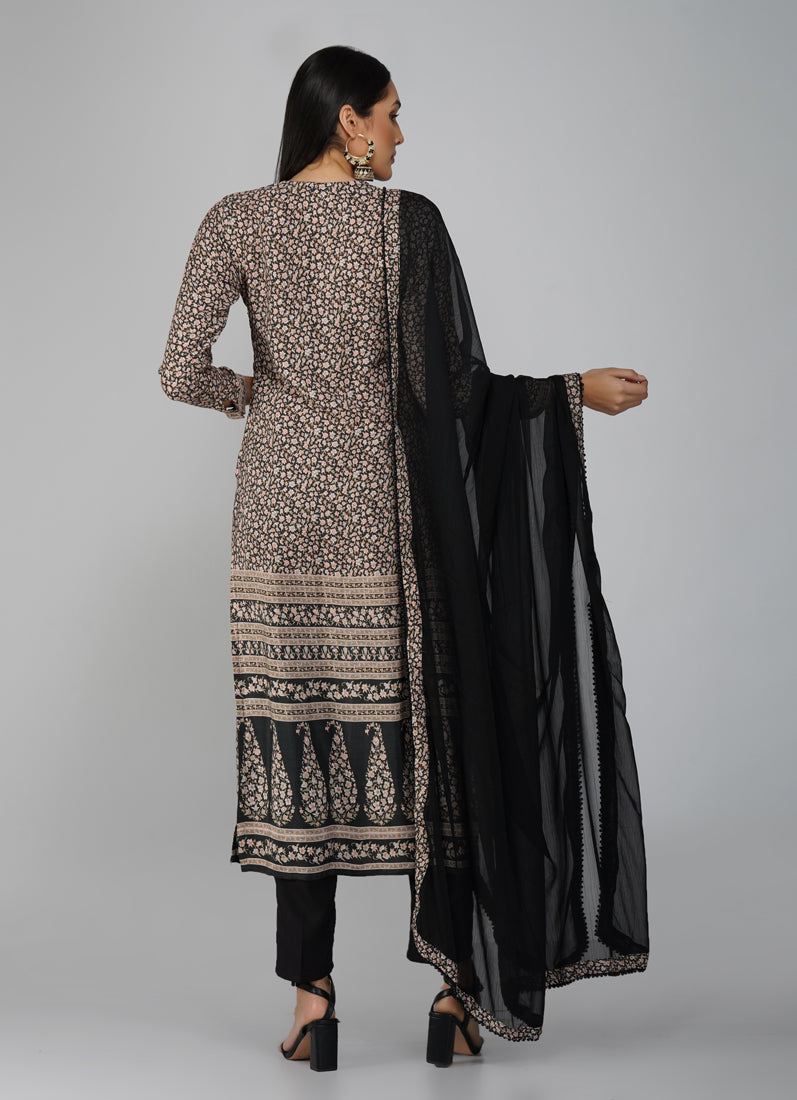 Black Straight Cut With Front Slit Suit Set