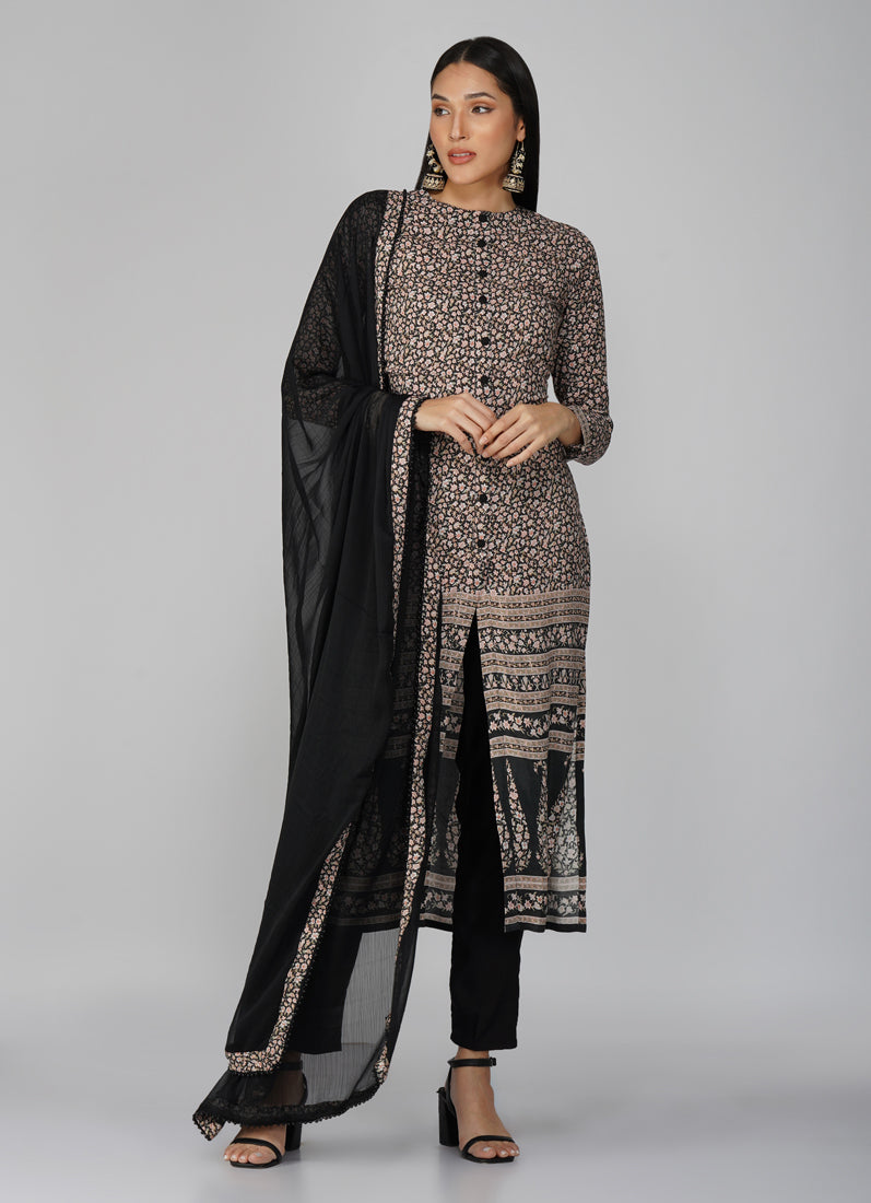 Black Straight Cut With Front Slit Suit Set