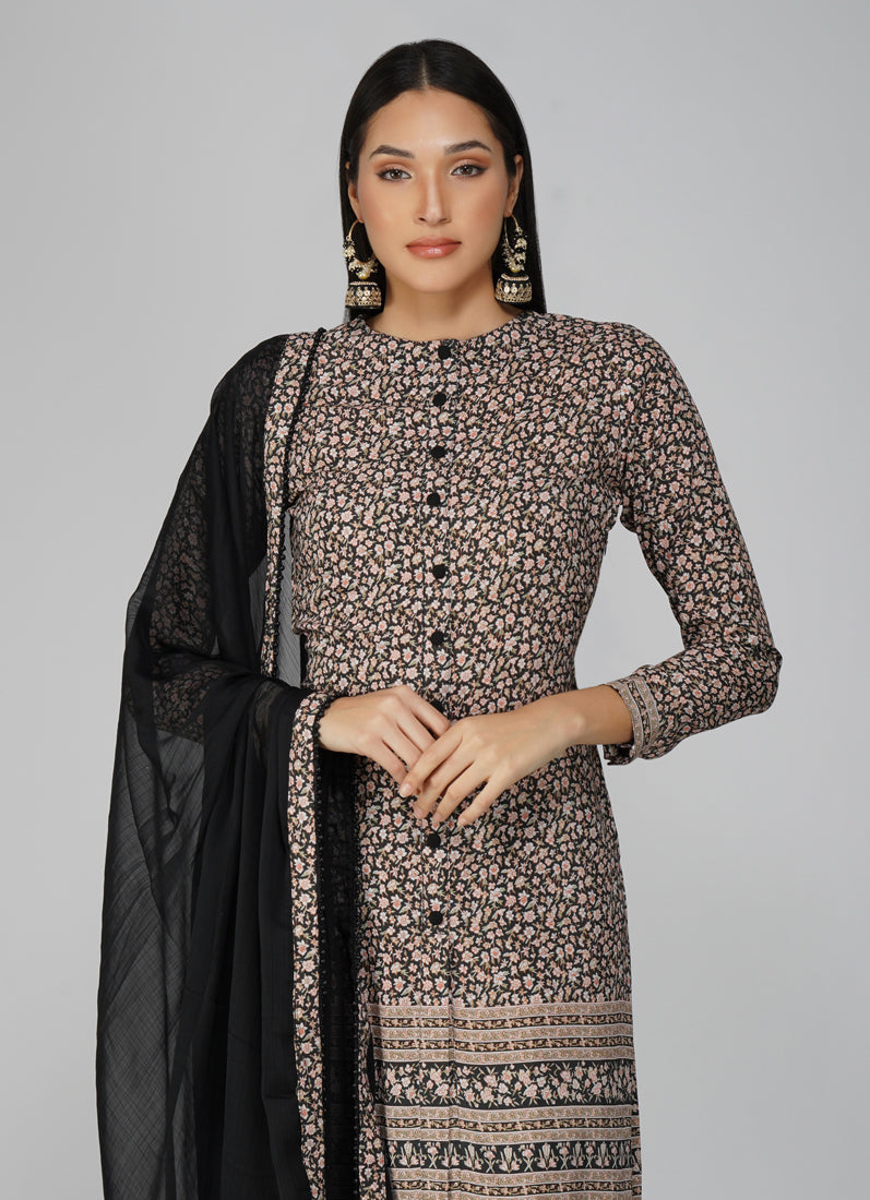 Black Straight Cut With Front Slit Suit Set