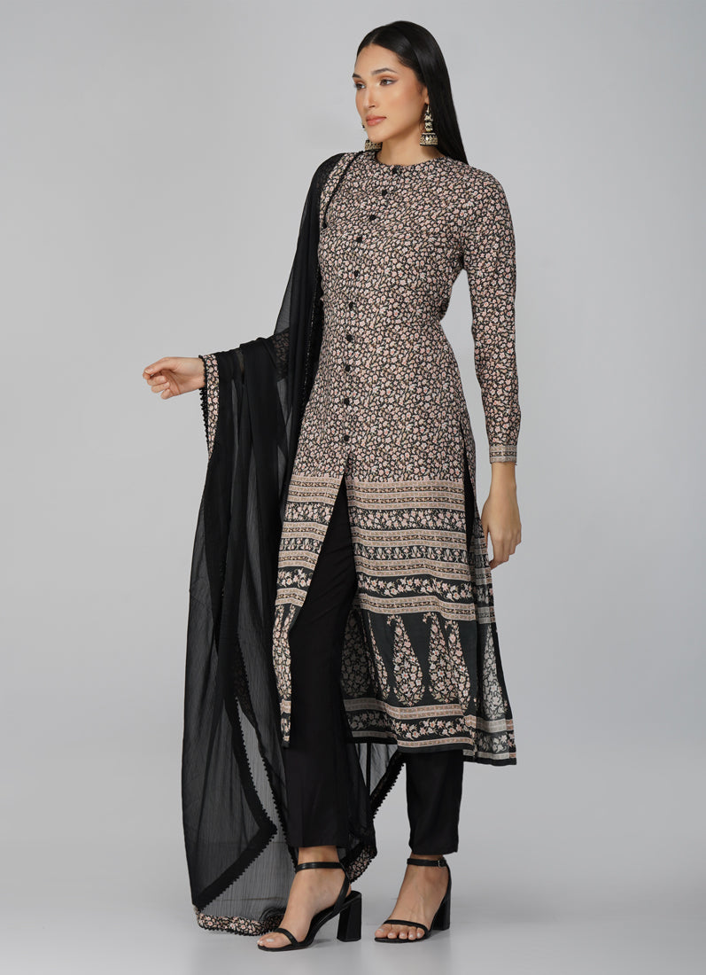 Black Straight Cut With Front Slit Suit Set