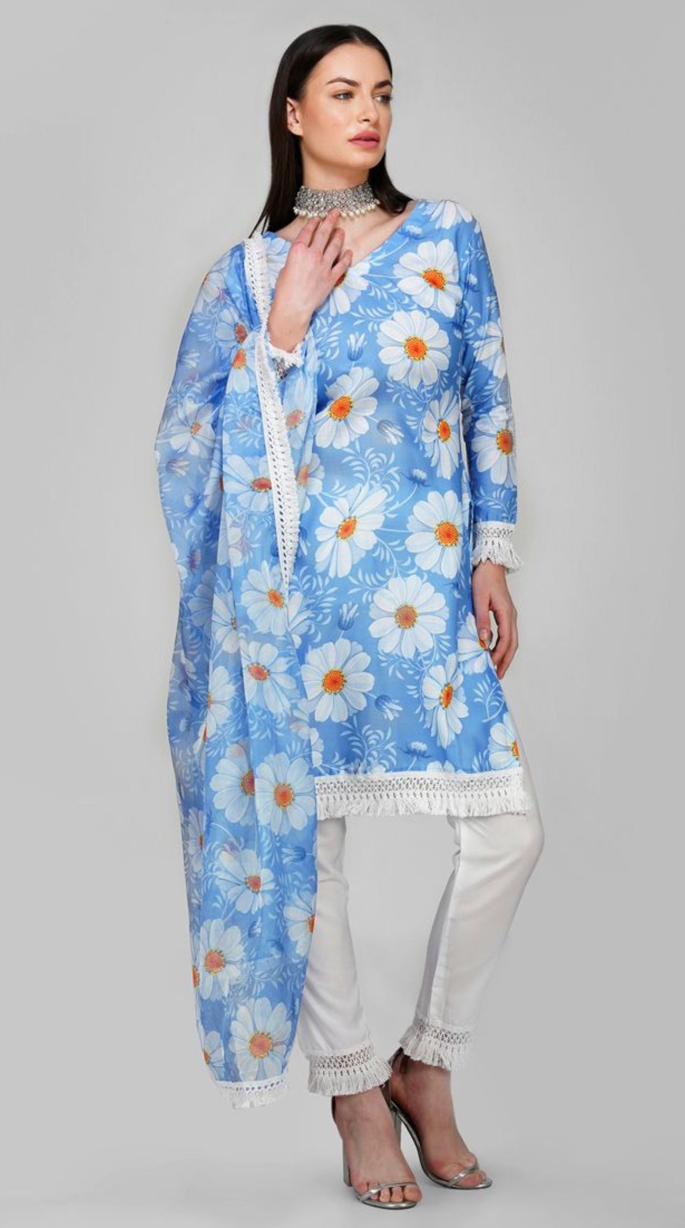 Blue Linen Printed Dupatta Suit Set