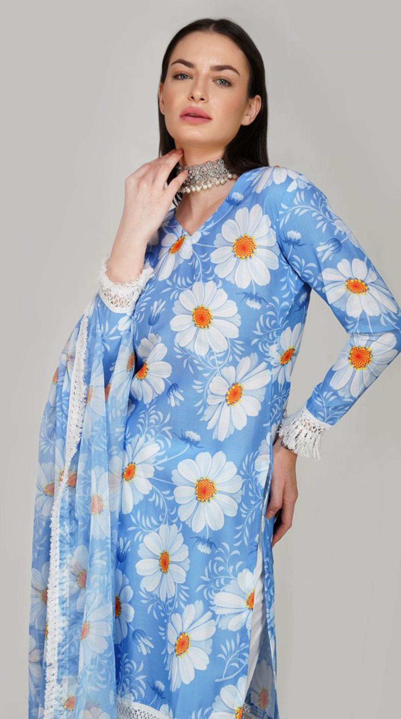 Blue Linen Printed Dupatta Suit Set