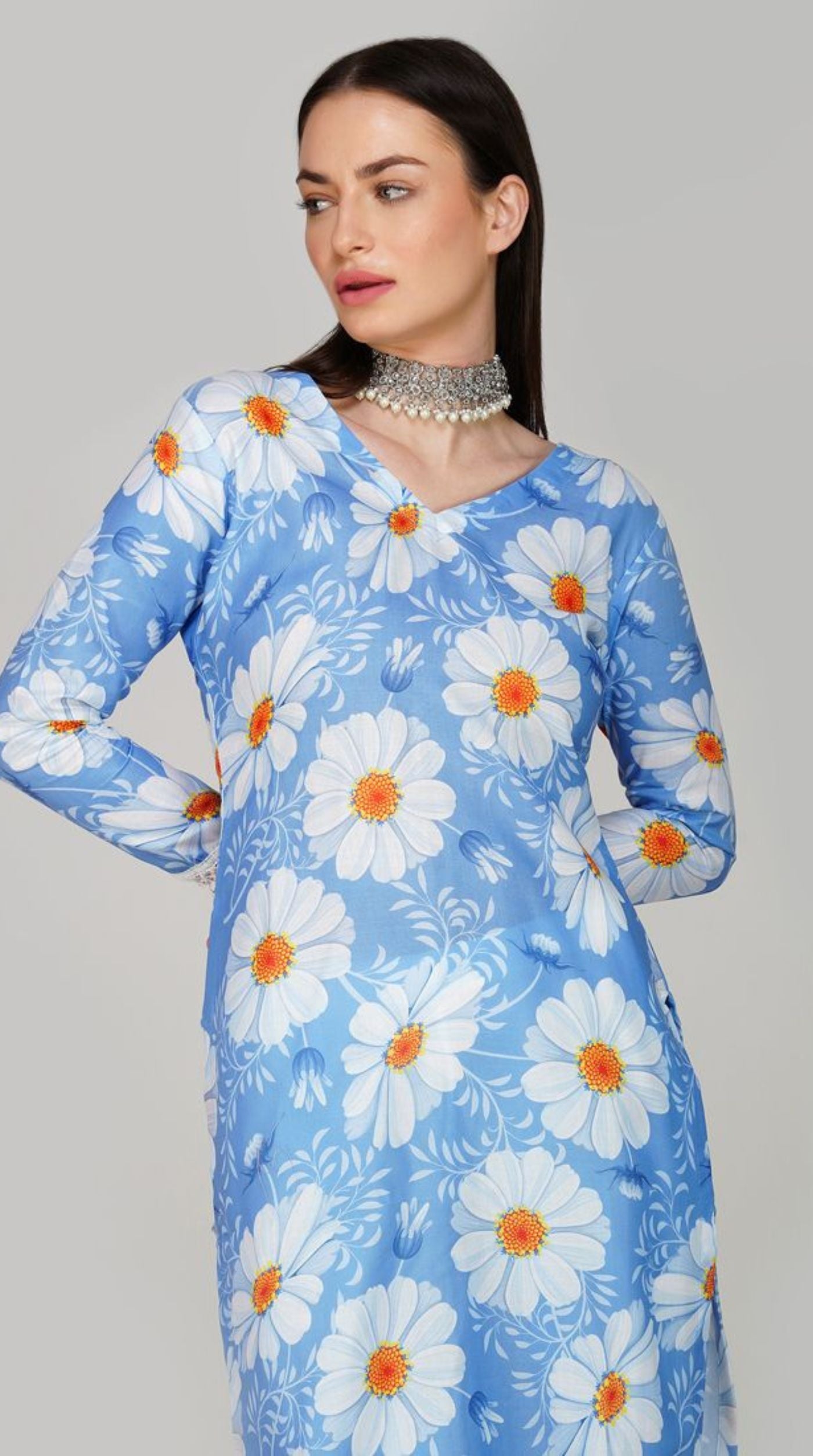 Blue Linen Printed Dupatta Suit Set