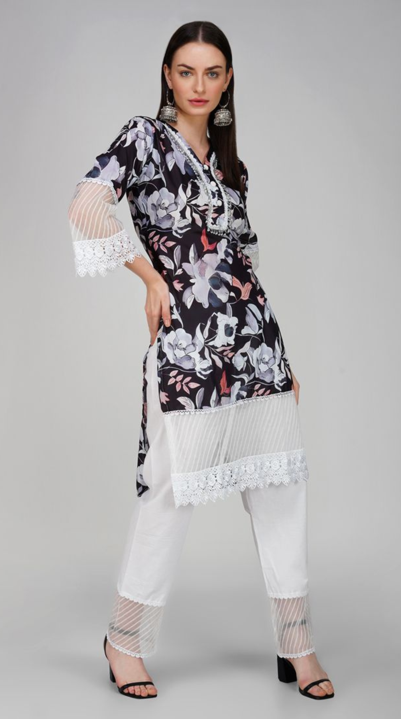 Black Embroidered Straight Cut Trouser Suit Set