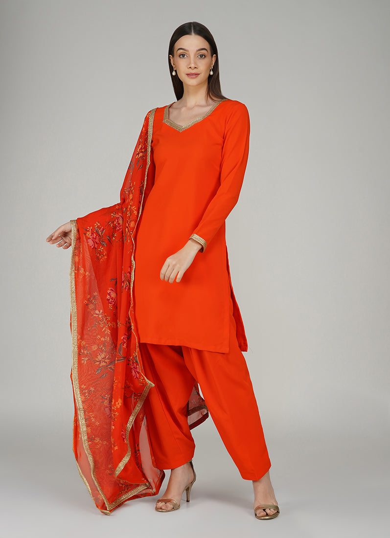 Orange Crepe Printed Salwar Suit