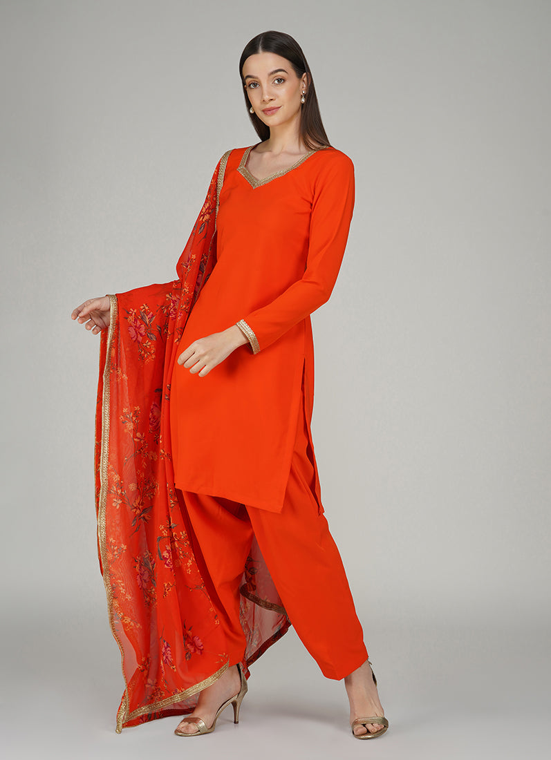 Orange Crepe Printed Salwar Suit
