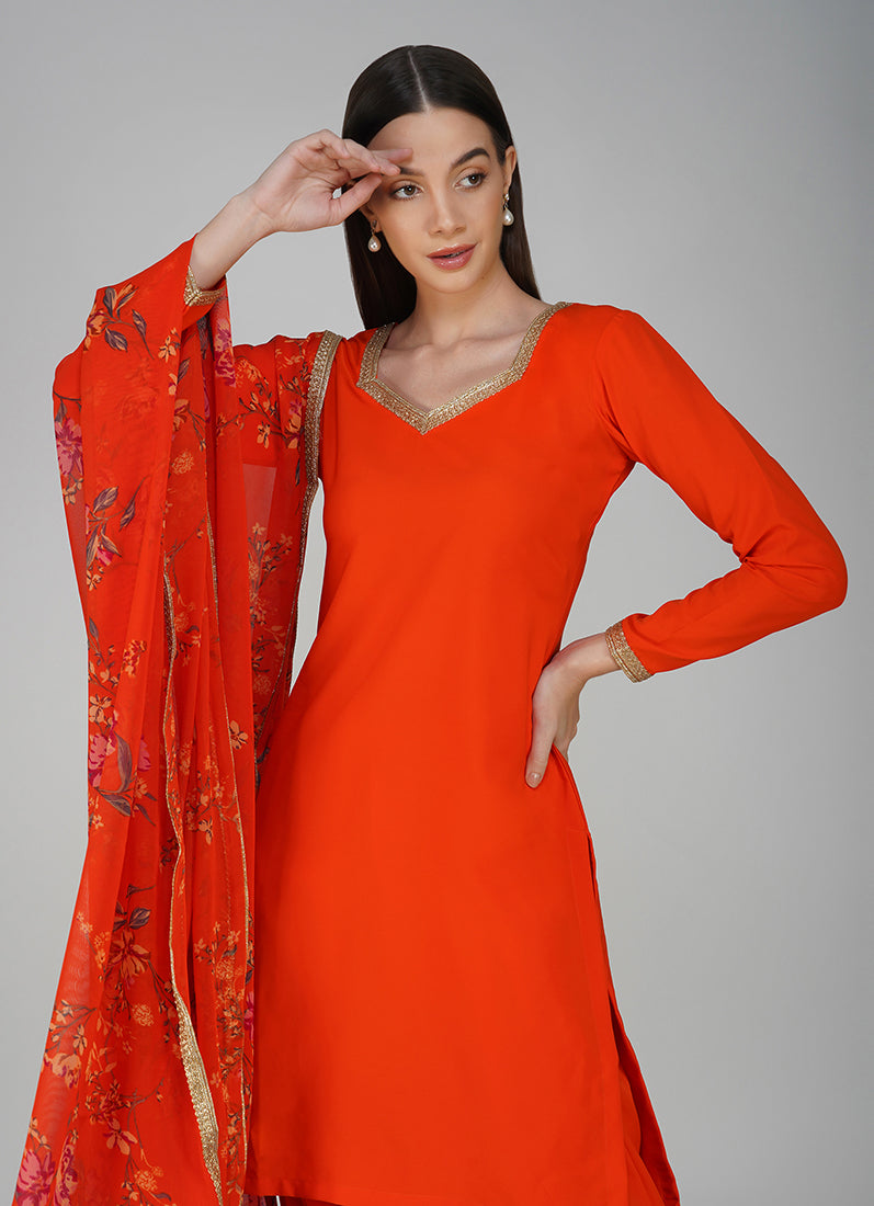 Orange Crepe Printed Salwar Suit