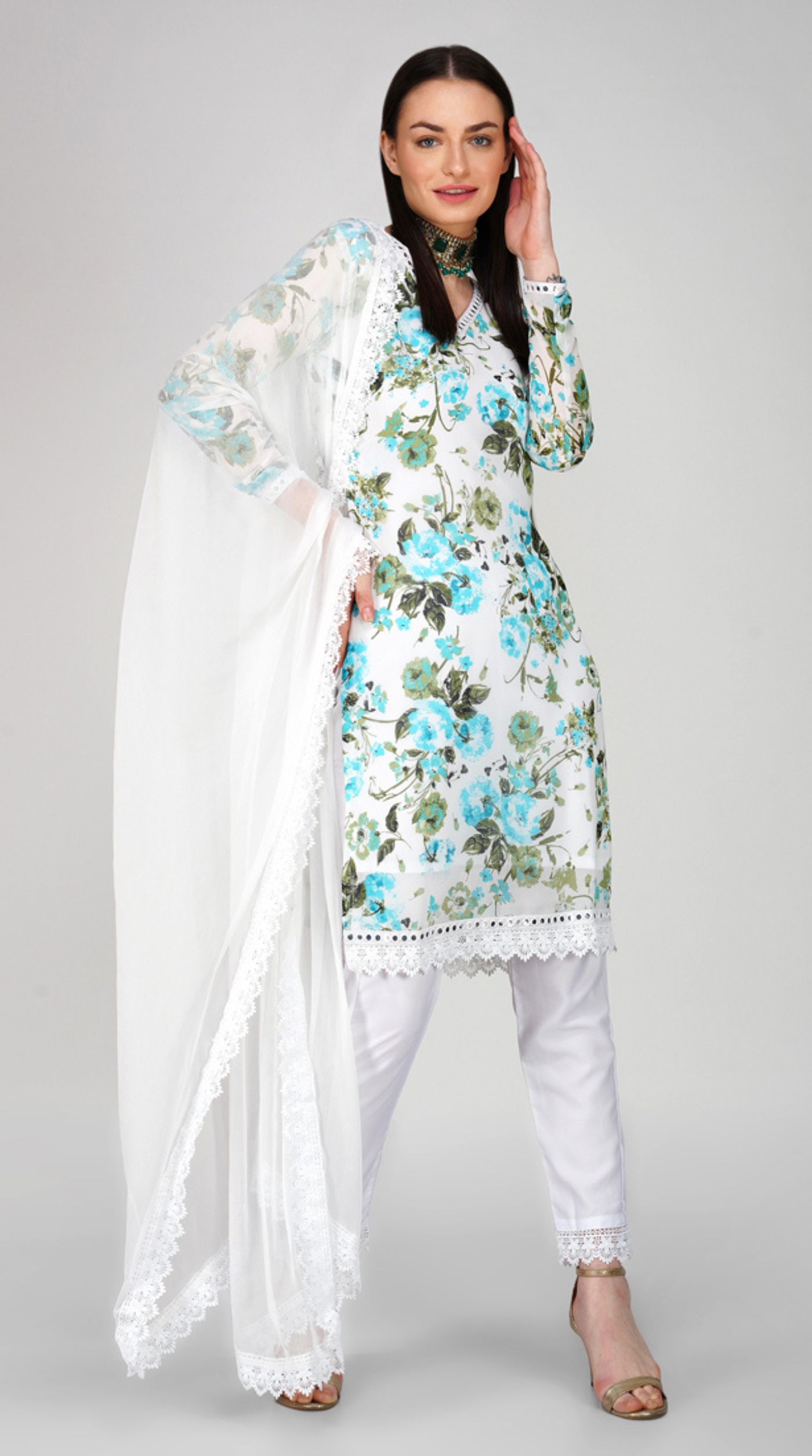 Off- White Georgette Shift Style Trouser Suit Set