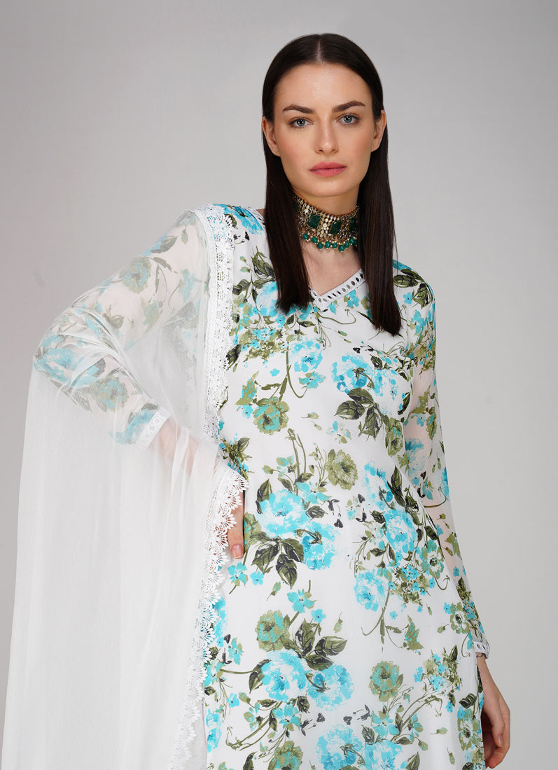 Off- White Georgette Shift Style Trouser Suit Set