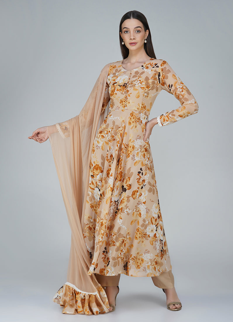 Beige Georgette Bias Cut Suit Set