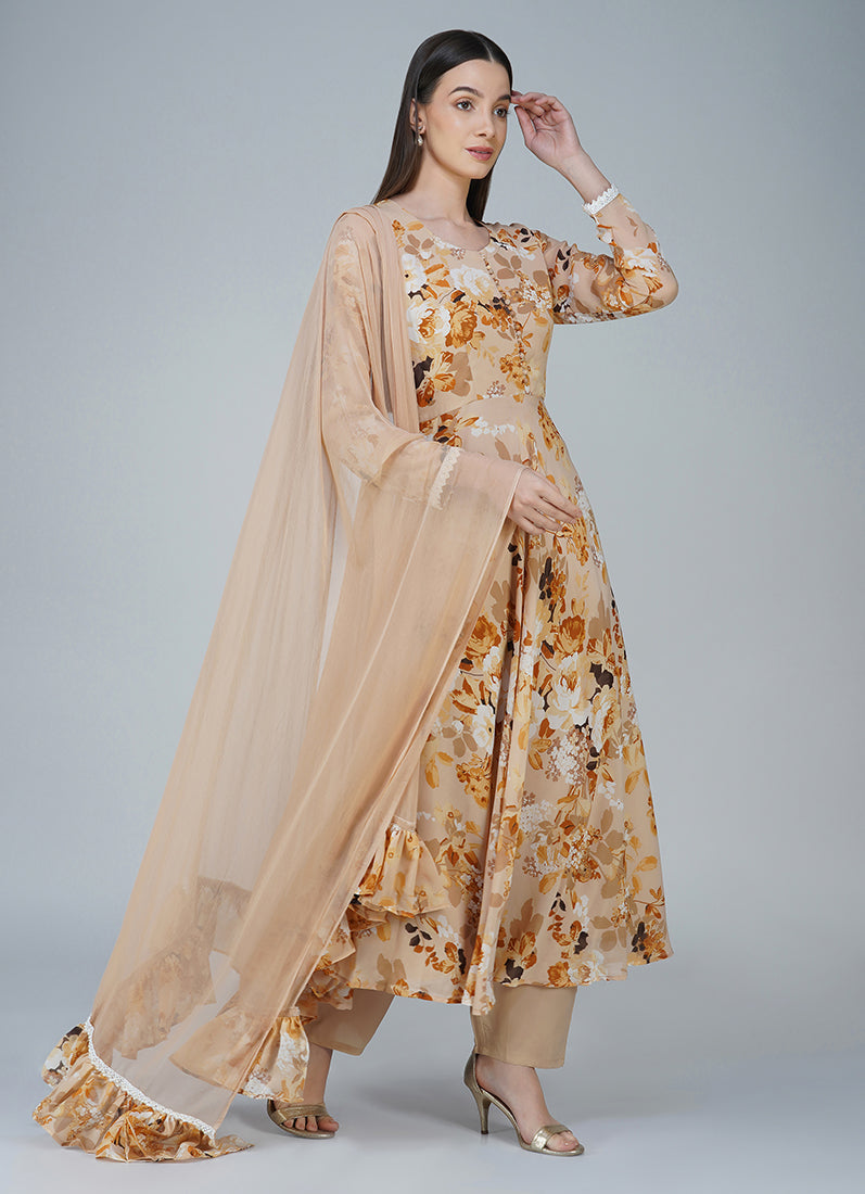Beige Georgette Bias Cut Suit Set