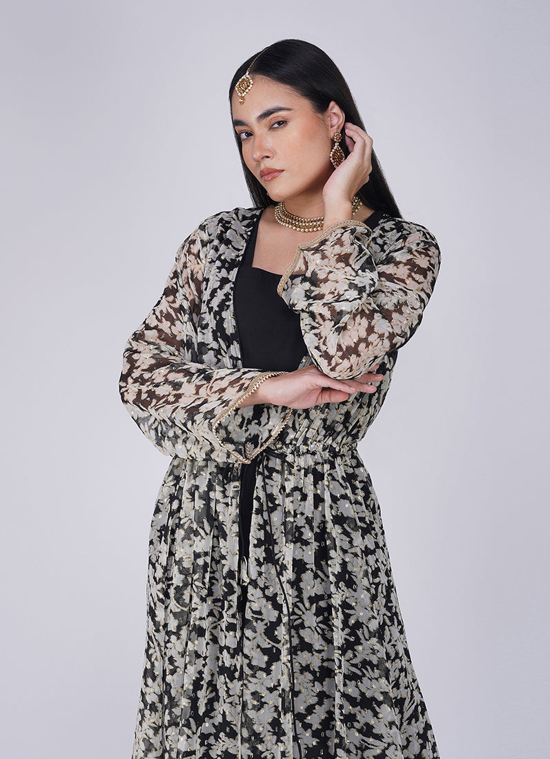 Black Georgette Lurex Print Jacket Style Suit Set