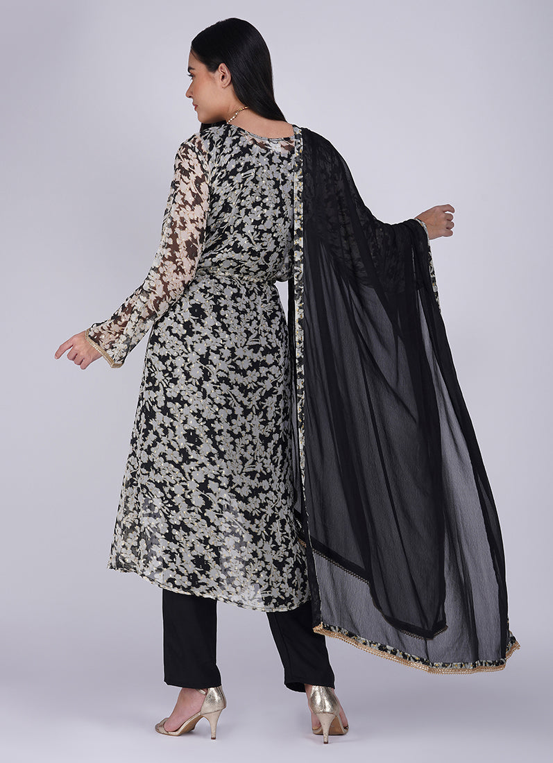 Black Georgette Lurex Print Jacket Style Suit Set