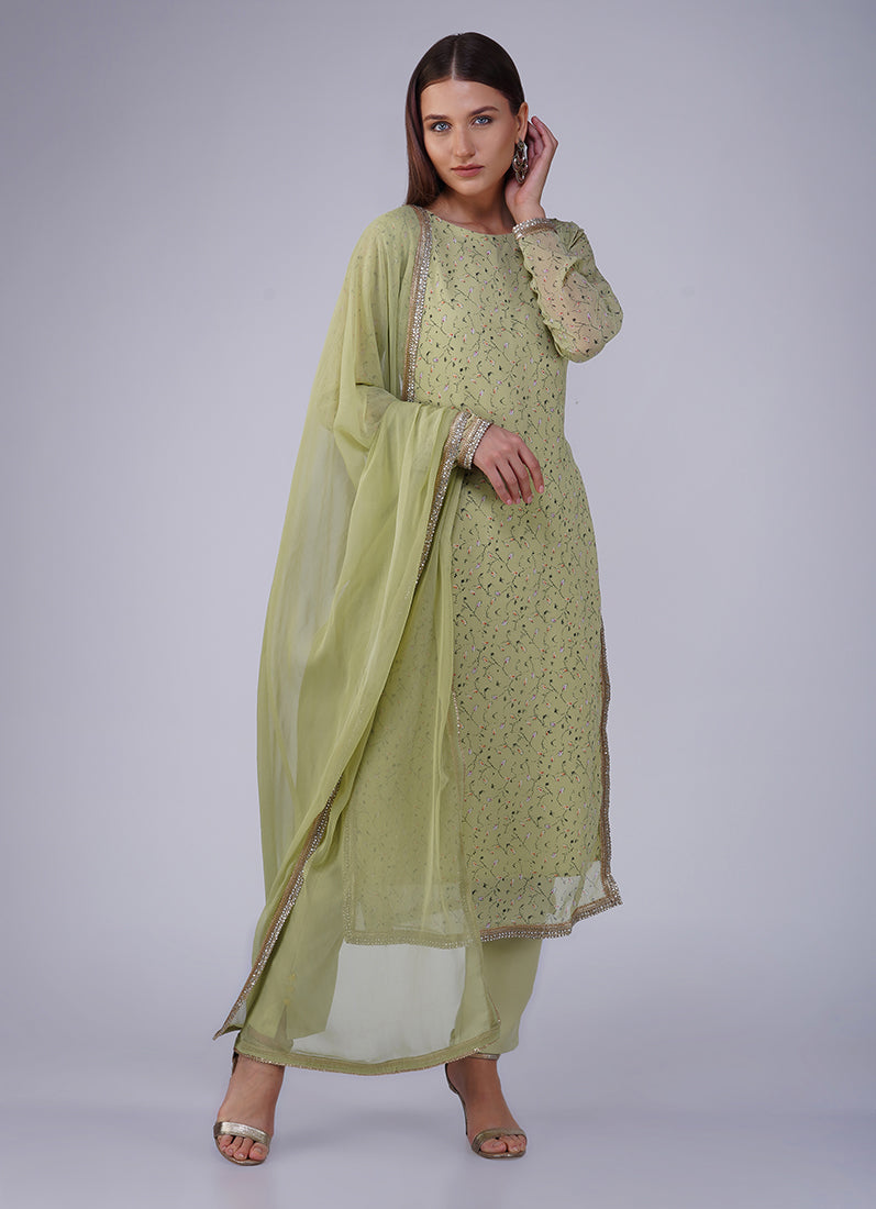Green Georgette Straight Cut Trouser Suit