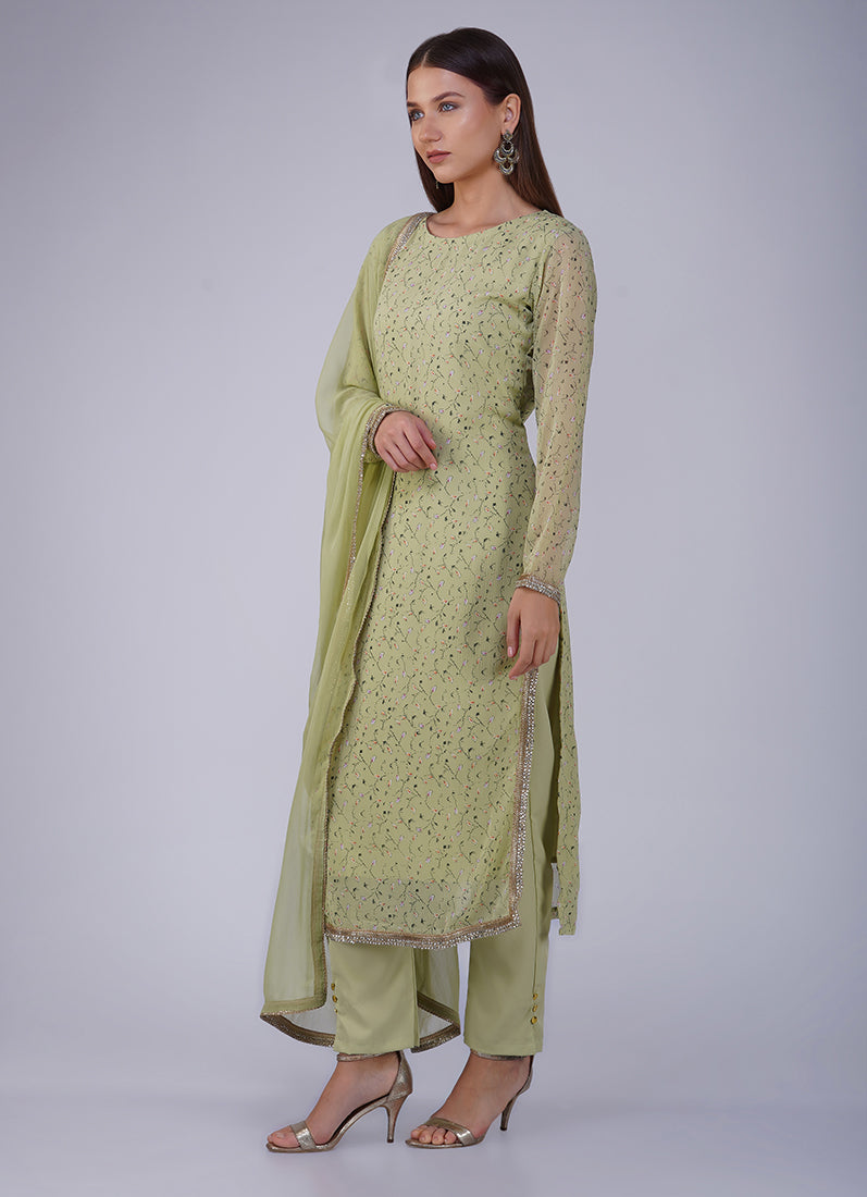 Green Georgette Straight Cut Trouser Suit