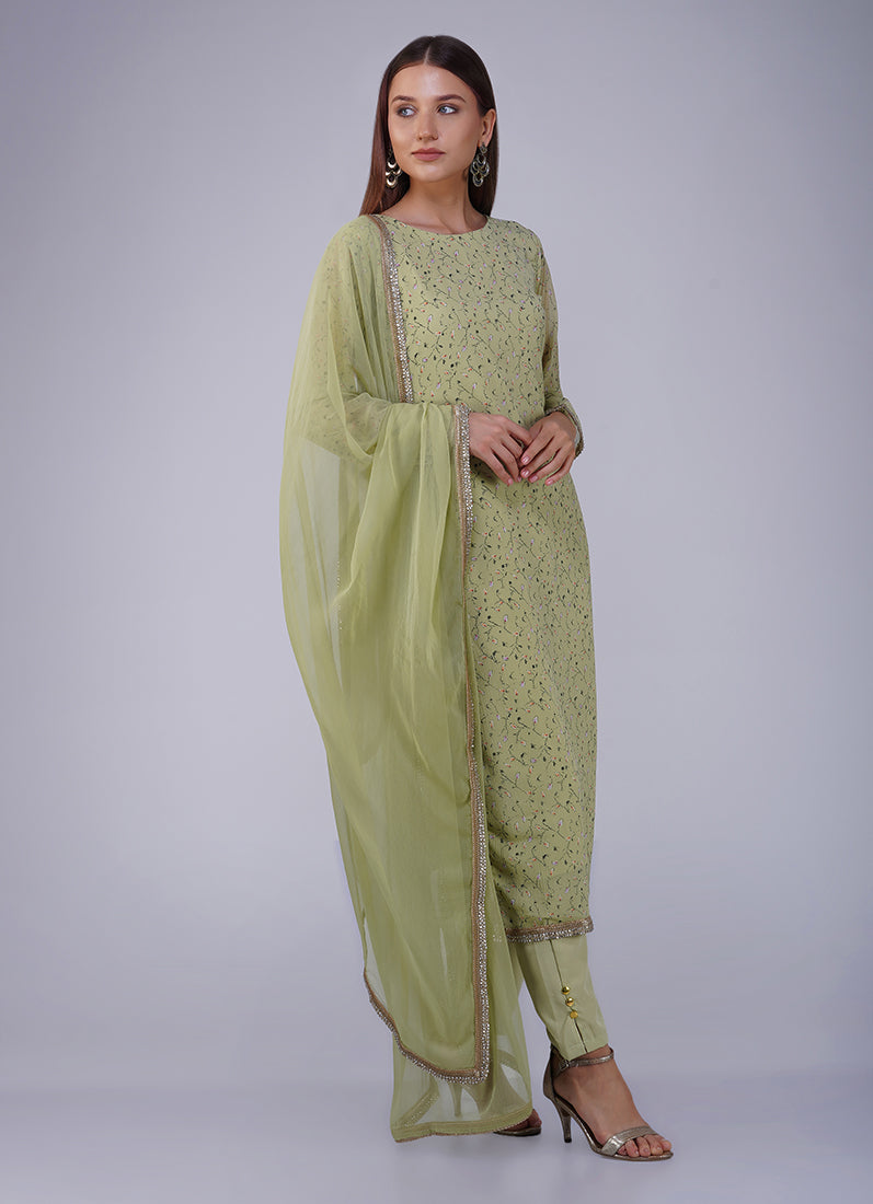 Green Georgette Straight Cut Trouser Suit