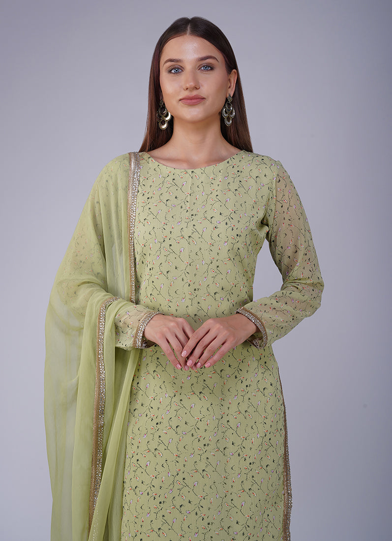 Green Georgette Straight Cut Trouser Suit
