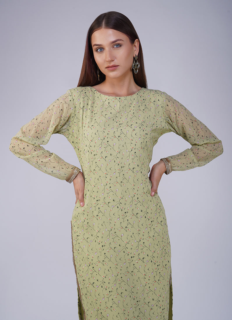 Green Georgette Straight Cut Trouser Suit