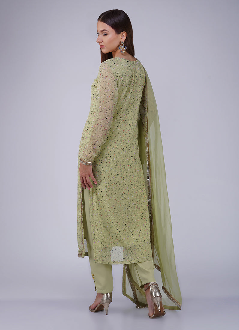Green Georgette Straight Cut Trouser Suit