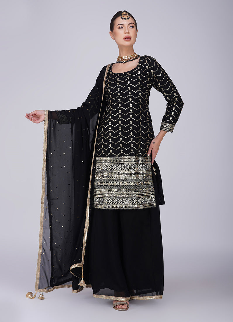 Black Georgette Machine Sequin Embroidered Suit
