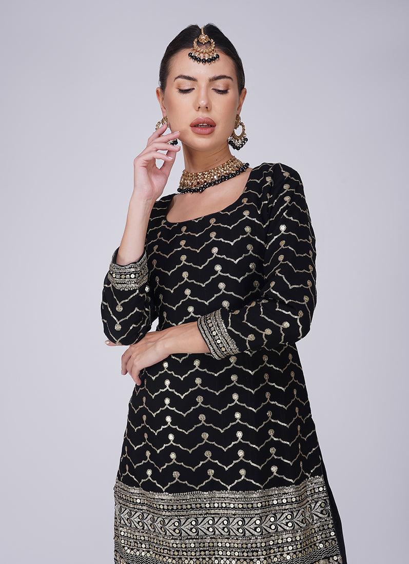 Black Georgette Machine Sequin Embroidered Suit