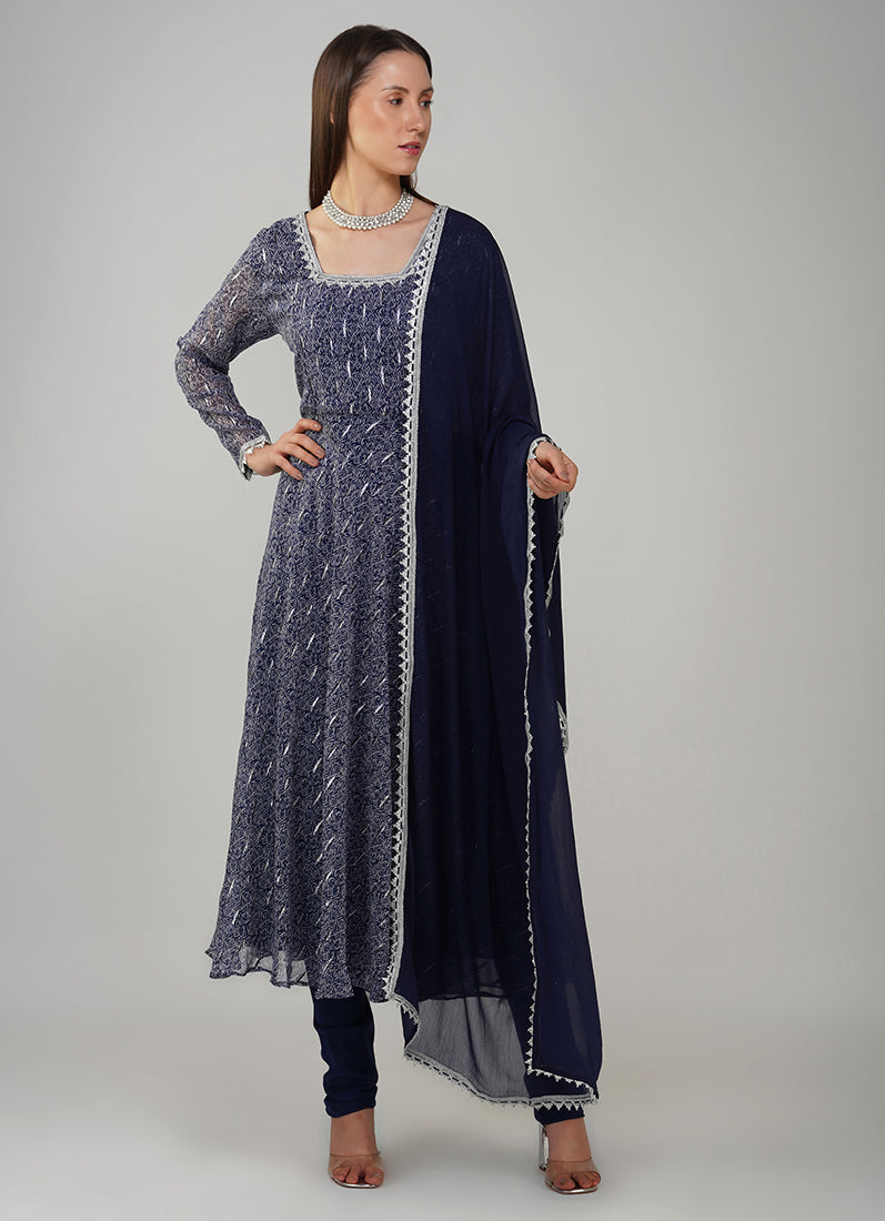 Blue Lurex Bias Cut Suit Set