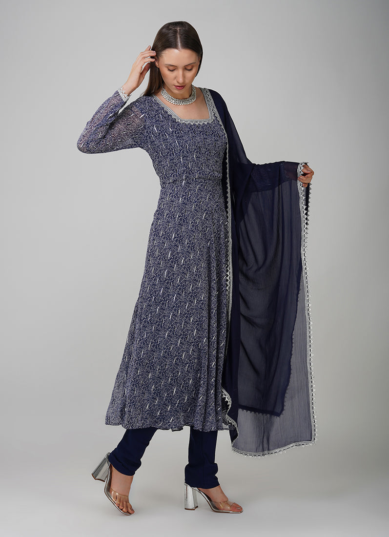 Blue Lurex Bias Cut Suit Set