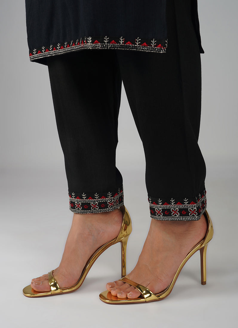 Black Cotton Embroidered Suit Set