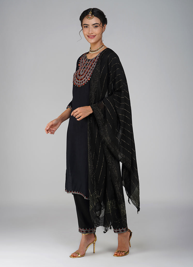 Black Cotton Embroidered Suit Set