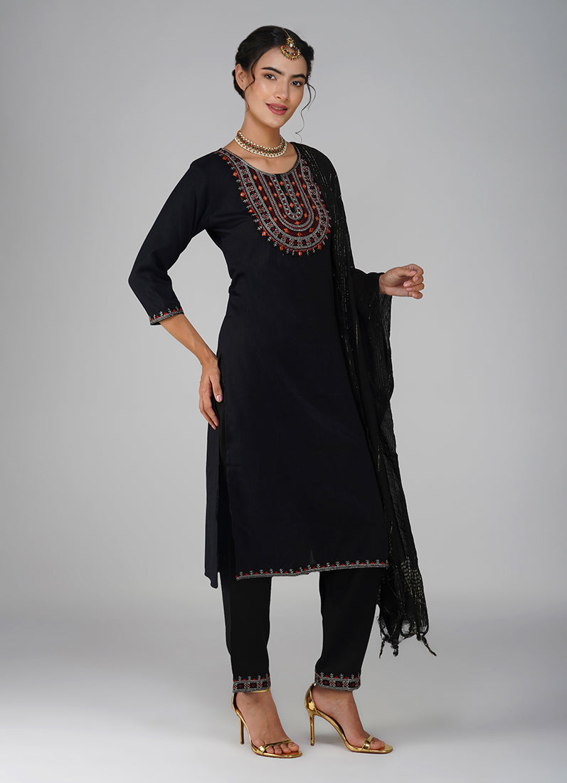 Black Cotton Embroidered Suit Set