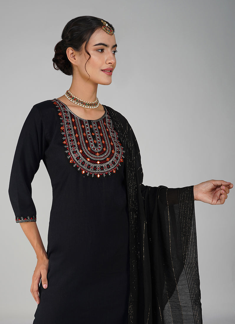 Black Cotton Embroidered Suit Set