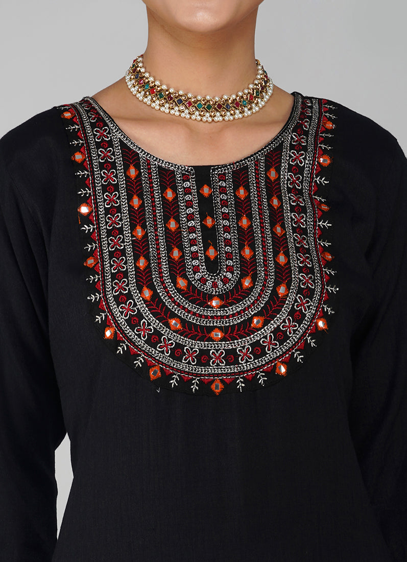 Black Cotton Embroidered Suit Set