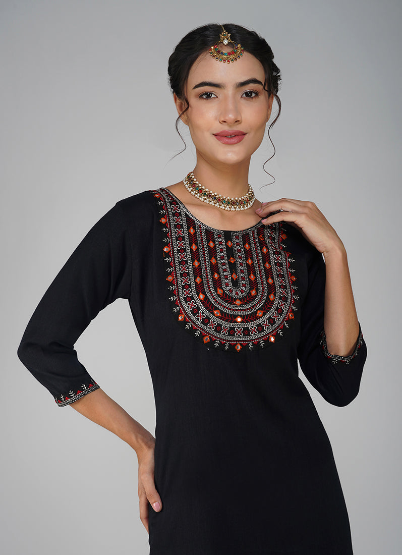 Black Cotton Embroidered Suit Set