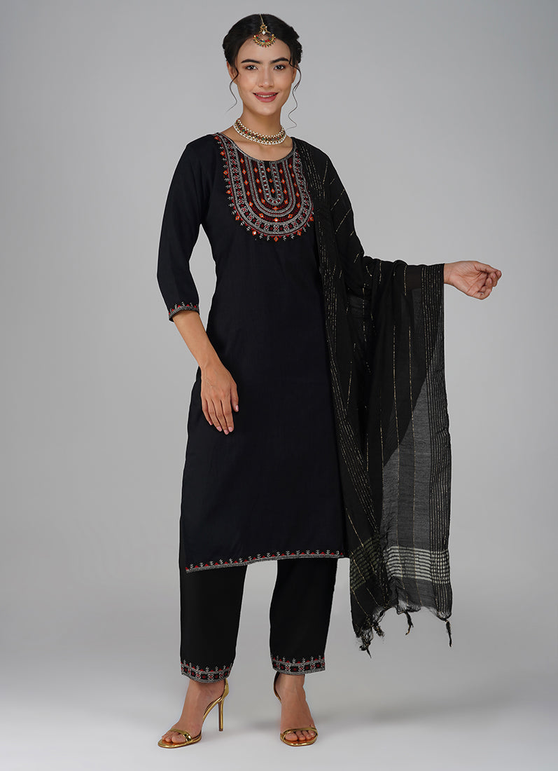 Black Cotton Embroidered Suit Set
