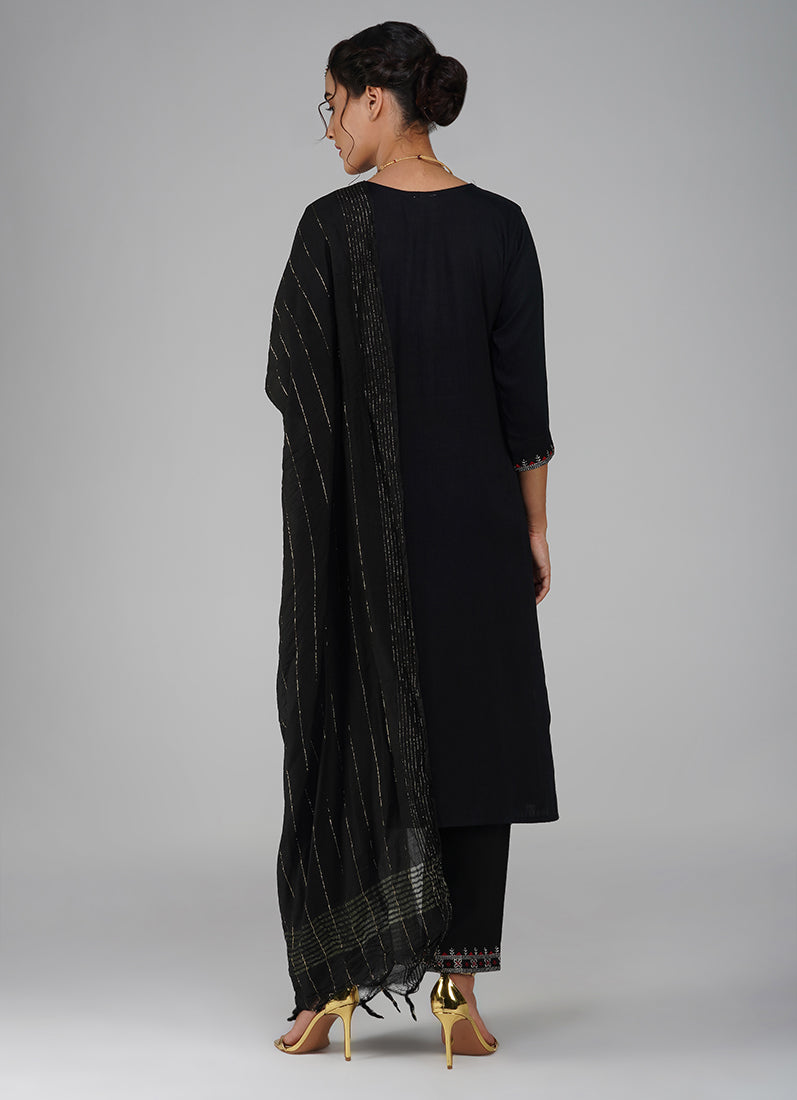 Black Cotton Embroidered Suit Set