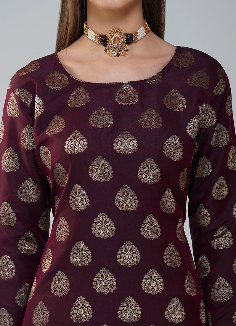 Wine Silk Jacqaurd Suit Set