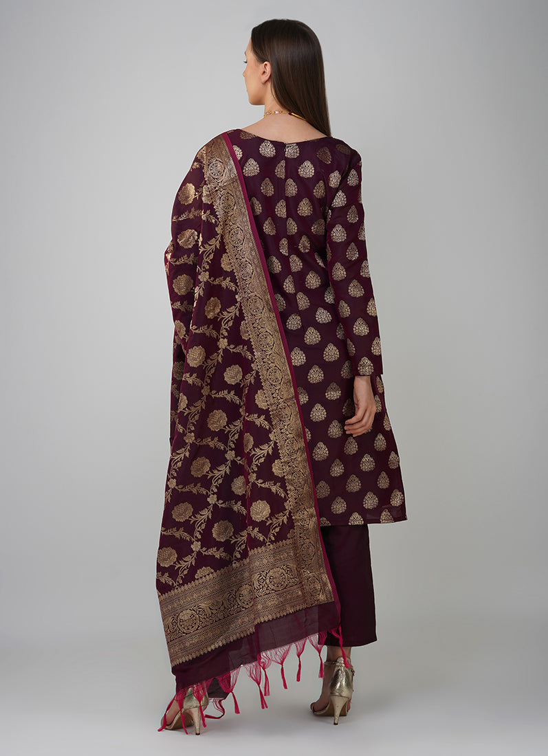 Wine Silk Jacqaurd Suit Set