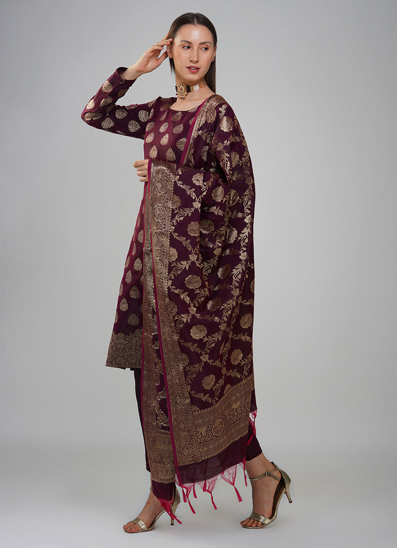 Wine Silk Jacqaurd Suit Set
